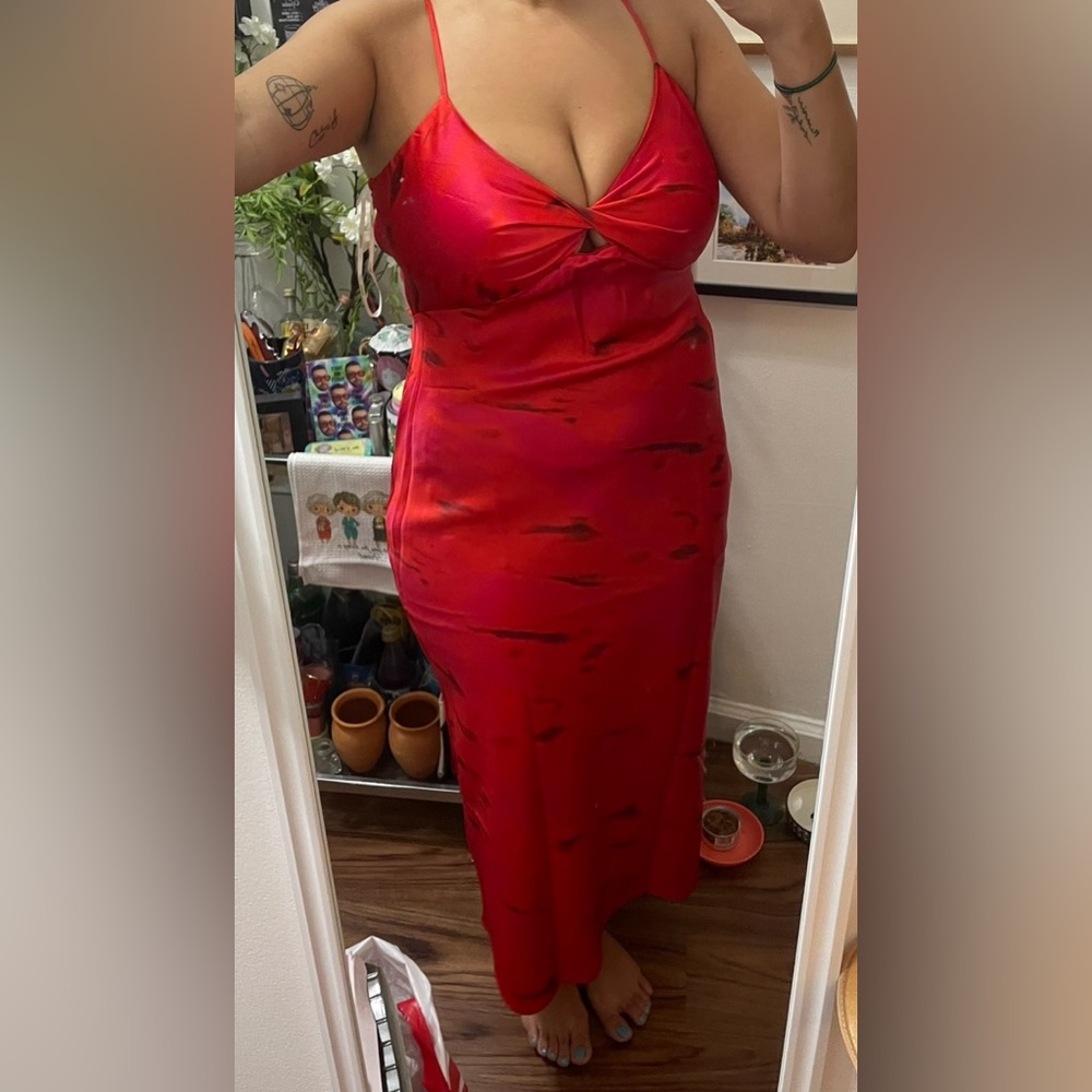 Red Satin Keyhole Midi Dress